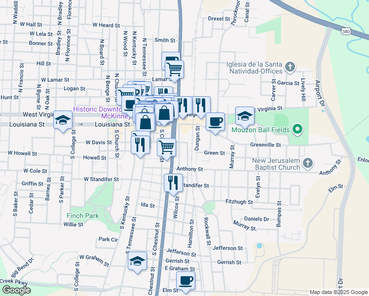 map of restaurants, bars, coffee shops, grocery stores, and more near 301 South McDonald Street in McKinney