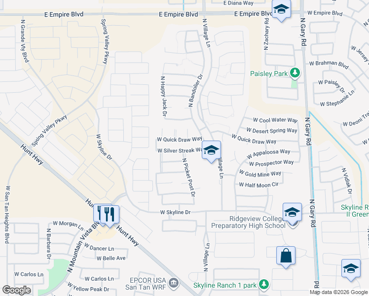 map of restaurants, bars, coffee shops, grocery stores, and more near 34773 North Picket Post Drive in Queen Creek