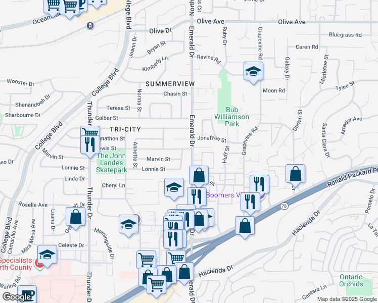 map of restaurants, bars, coffee shops, grocery stores, and more near 2839 Emerald Drive in Oceanside