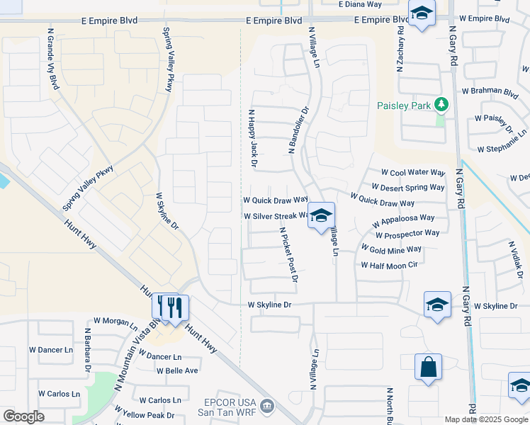 map of restaurants, bars, coffee shops, grocery stores, and more near 2597 West Silver Streak Way in Queen Creek