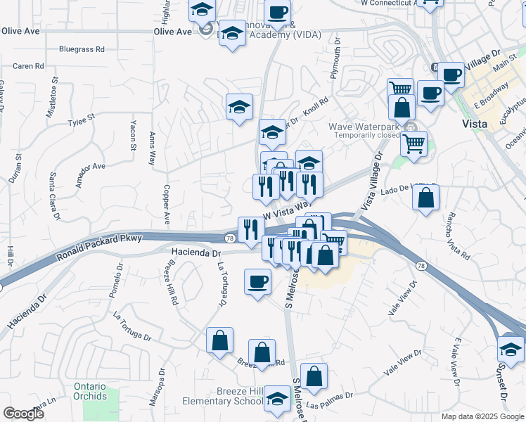 map of restaurants, bars, coffee shops, grocery stores, and more near 109 South Melrose Drive in Vista