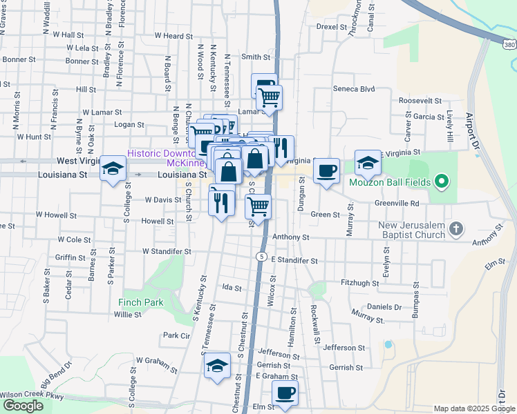 map of restaurants, bars, coffee shops, grocery stores, and more near 210 South McDonald Street in McKinney
