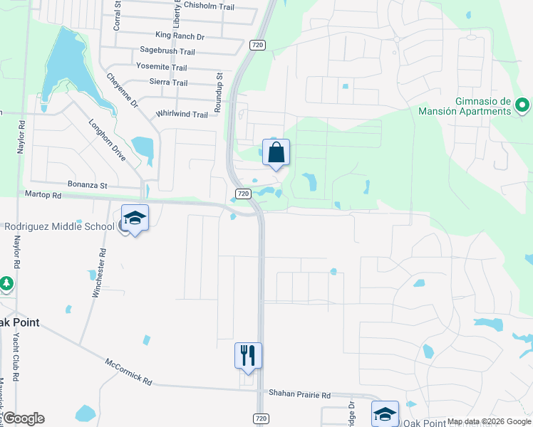 map of restaurants, bars, coffee shops, grocery stores, and more near 3297 Farm to Market Road 720 in Oak Point