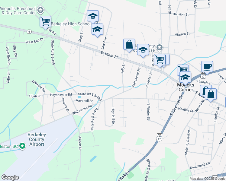map of restaurants, bars, coffee shops, grocery stores, and more near 207 Whitesville Road in Moncks Corner