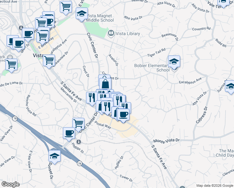 map of restaurants, bars, coffee shops, grocery stores, and more near Sierra Verde Drive & Westport Lane in Vista