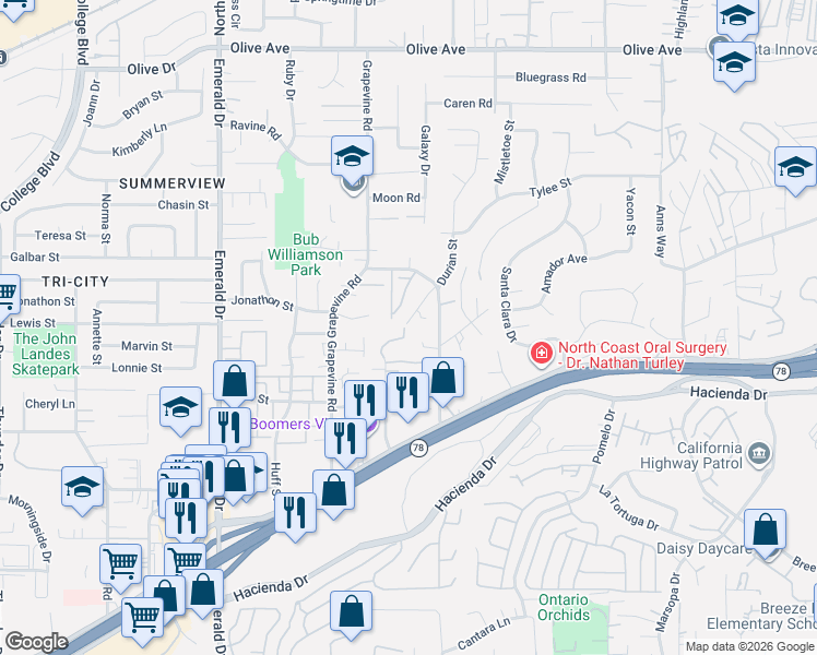 map of restaurants, bars, coffee shops, grocery stores, and more near 232 Hill Drive in Vista