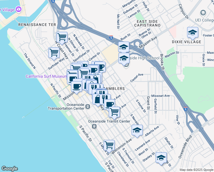 map of restaurants, bars, coffee shops, grocery stores, and more near 204 South Ditmar Street in Oceanside
