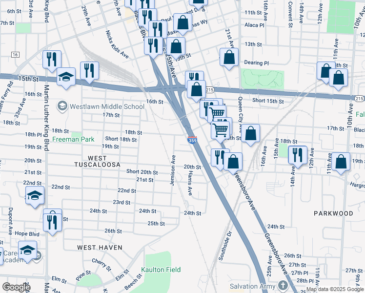 map of restaurants, bars, coffee shops, grocery stores, and more near 2601 19th Street in Tuscaloosa