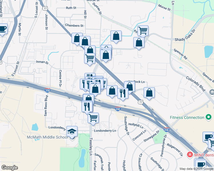 map of restaurants, bars, coffee shops, grocery stores, and more near 719 South Interstate 35 in Denton