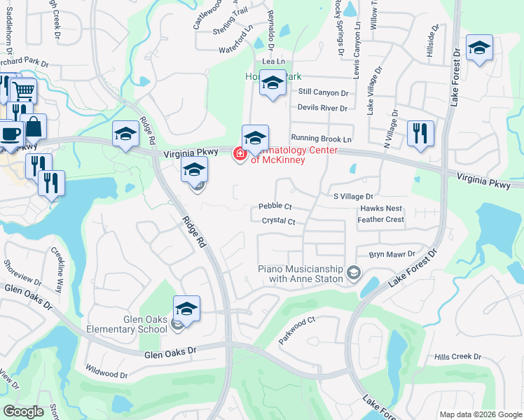 map of restaurants, bars, coffee shops, grocery stores, and more near 5521 Pebble Court in McKinney
