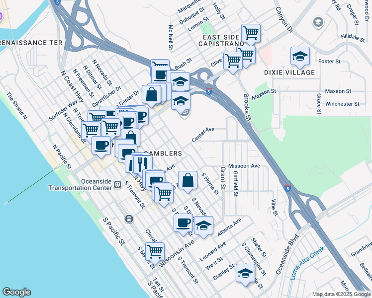 map of restaurants, bars, coffee shops, grocery stores, and more near 232 South Horne Street in Oceanside