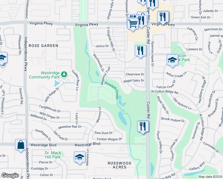 map of restaurants, bars, coffee shops, grocery stores, and more near 9401 National Pines Drive in McKinney