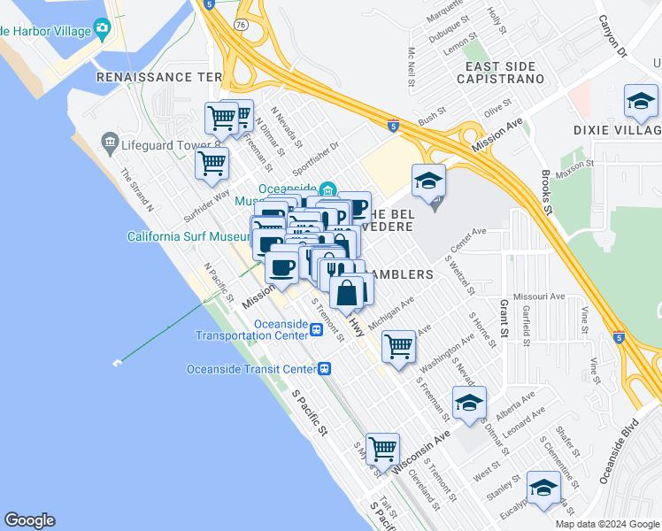 map of restaurants, bars, coffee shops, grocery stores, and more near 550 Seagaze Drive in Oceanside