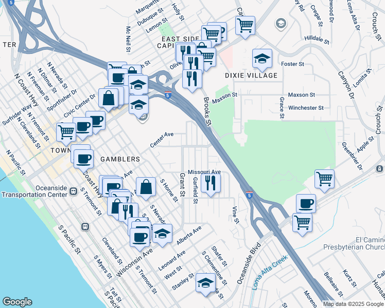 map of restaurants, bars, coffee shops, grocery stores, and more near 415 Garfield Street in Oceanside