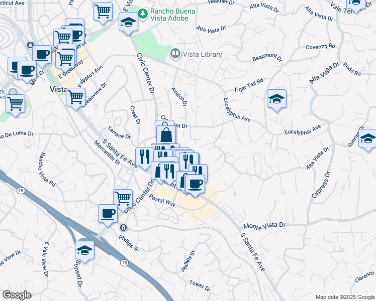 map of restaurants, bars, coffee shops, grocery stores, and more near 907 Westport Lane in Vista