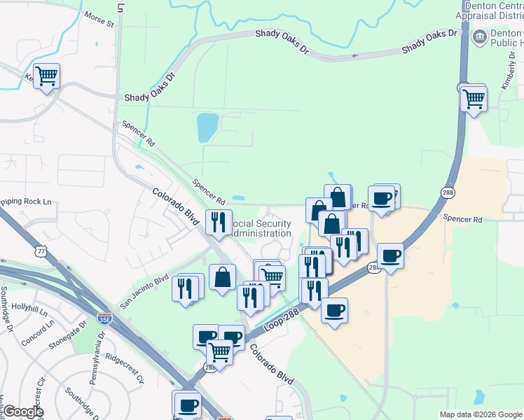 map of restaurants, bars, coffee shops, grocery stores, and more near 2100 Spencer Road in Denton