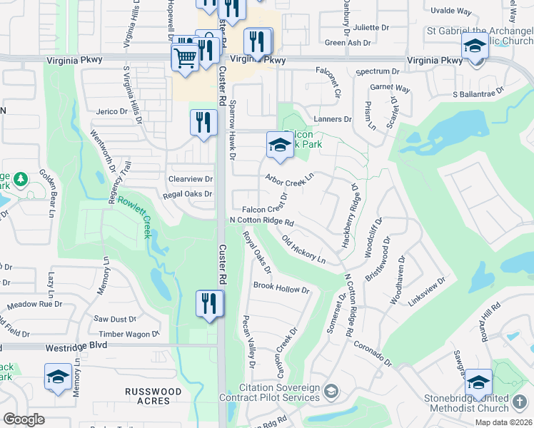 map of restaurants, bars, coffee shops, grocery stores, and more near 8516 Old Hickory Lane in McKinney