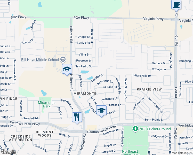map of restaurants, bars, coffee shops, grocery stores, and more near Cerrillos Drive in Frisco