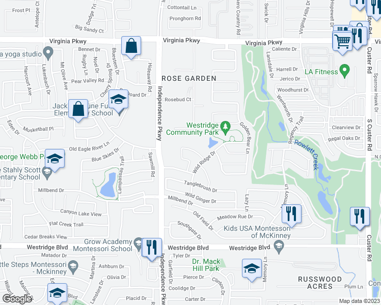 map of restaurants, bars, coffee shops, grocery stores, and more near 9921 Summer Sweet Drive in McKinney