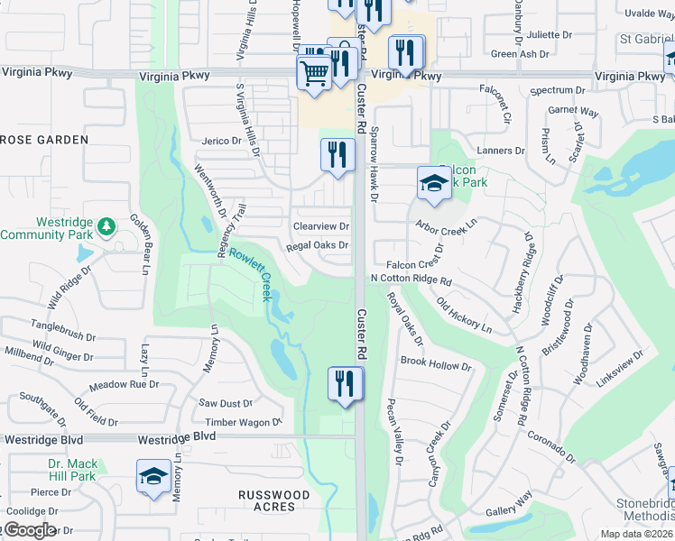 map of restaurants, bars, coffee shops, grocery stores, and more near 9055 N Cotton Ridge Rd in McKinney