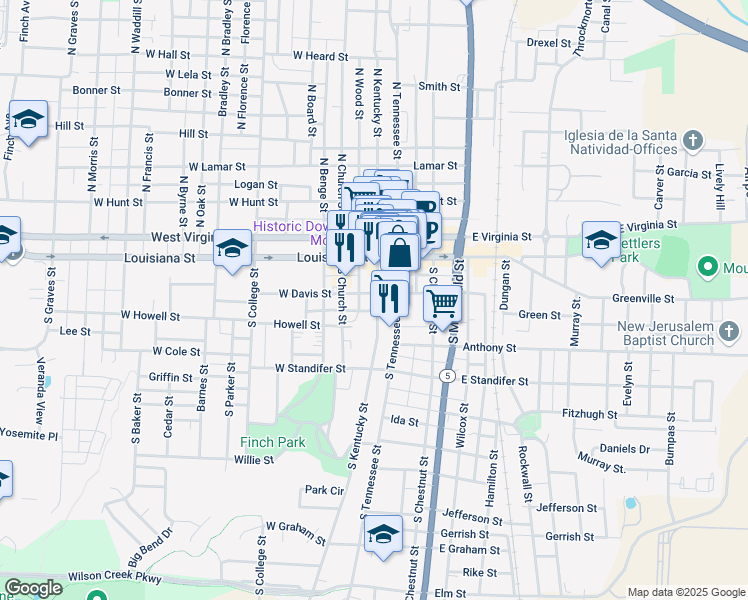 map of restaurants, bars, coffee shops, grocery stores, and more near 307 North Wood Street in McKinney