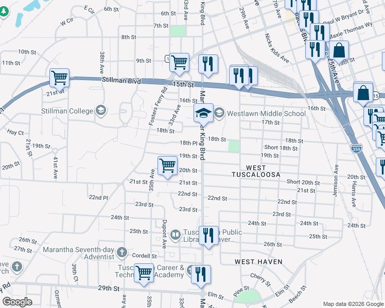map of restaurants, bars, coffee shops, grocery stores, and more near 3242 20th Street in Tuscaloosa