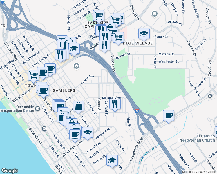 map of restaurants, bars, coffee shops, grocery stores, and more near 438 Garfield Street in Oceanside