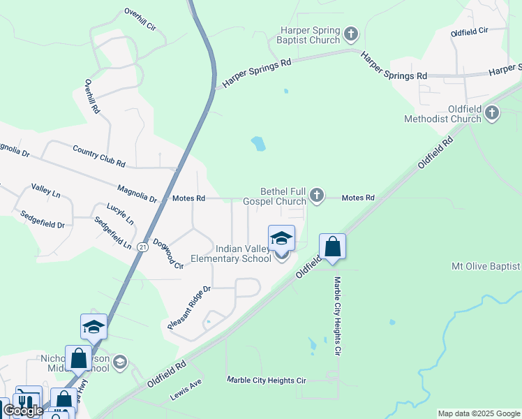 map of restaurants, bars, coffee shops, grocery stores, and more near 2233 Moates Road in Sylacauga