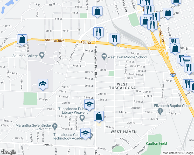 map of restaurants, bars, coffee shops, grocery stores, and more near 1924 Martin Luther King Junior Boulevard in Tuscaloosa