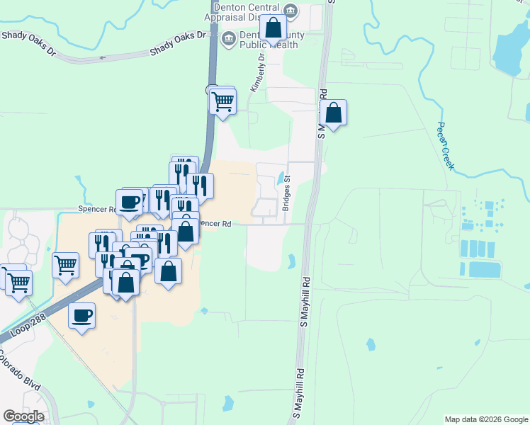 map of restaurants, bars, coffee shops, grocery stores, and more near 2874-2898 Spencer Rd in Denton