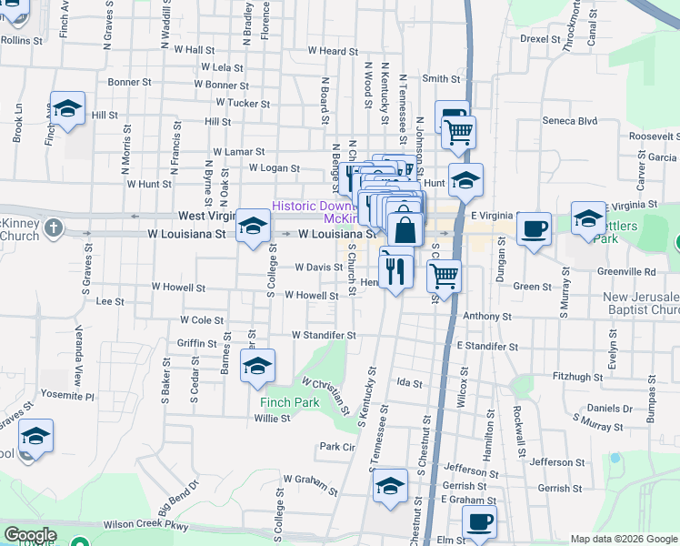 map of restaurants, bars, coffee shops, grocery stores, and more near 306 Howell Street in McKinney