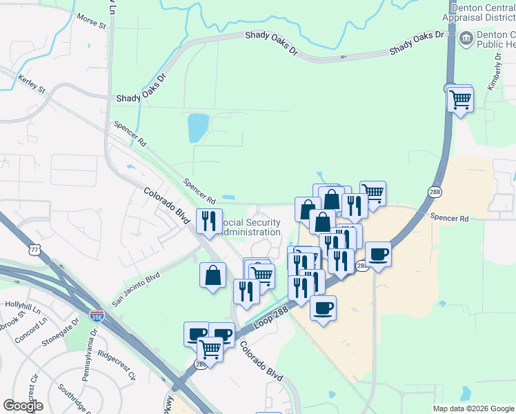 map of restaurants, bars, coffee shops, grocery stores, and more near 2100 Spencer Road in Denton