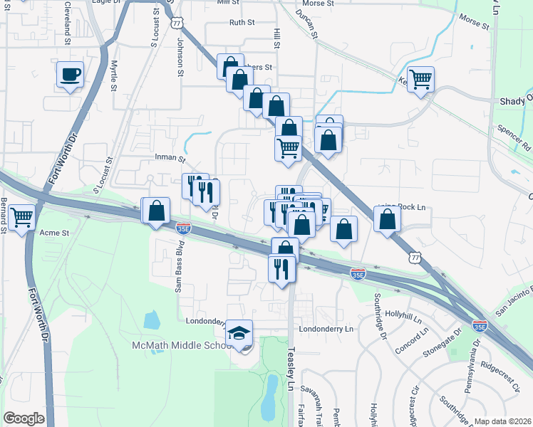 map of restaurants, bars, coffee shops, grocery stores, and more near 1408 Teasley Lane in Denton