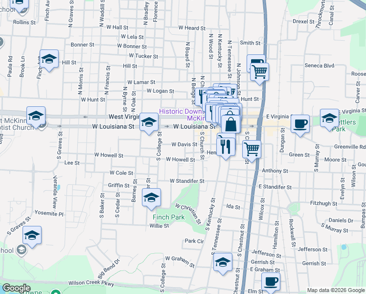 map of restaurants, bars, coffee shops, grocery stores, and more near 502 Howell Street in McKinney