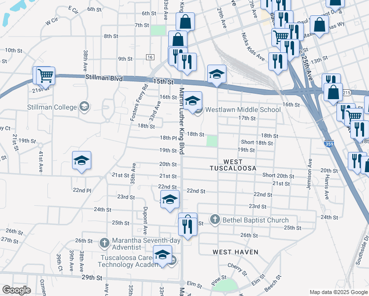map of restaurants, bars, coffee shops, grocery stores, and more near 1905 Martin Luther King Junior Boulevard in Tuscaloosa