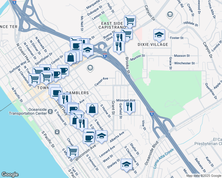 map of restaurants, bars, coffee shops, grocery stores, and more near 415 Grant Street in Oceanside