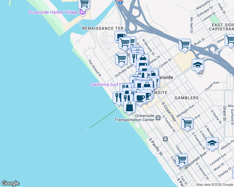 map of restaurants, bars, coffee shops, grocery stores, and more near 501 The Strand North in Oceanside