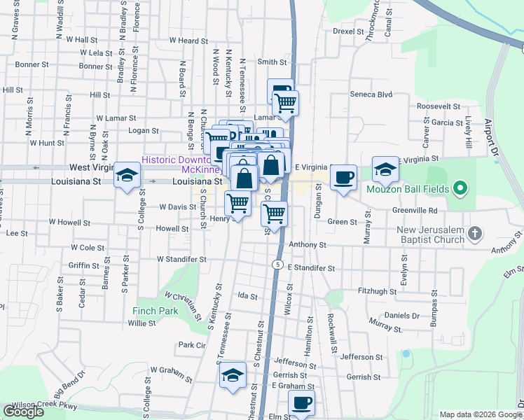 map of restaurants, bars, coffee shops, grocery stores, and more near 120 South Chestnut Street in McKinney