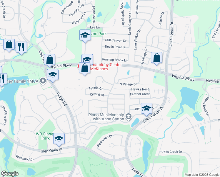 map of restaurants, bars, coffee shops, grocery stores, and more near 5400 Pebble Court in McKinney