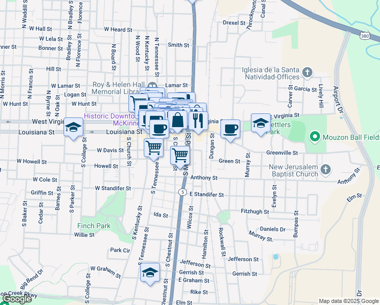 map of restaurants, bars, coffee shops, grocery stores, and more near 120 Wilcox Street in McKinney