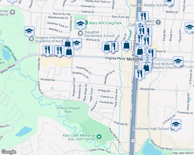 map of restaurants, bars, coffee shops, grocery stores, and more near 713 Peachtree Lane in McKinney