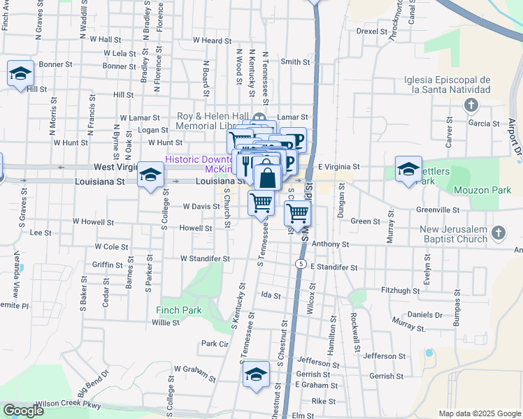 map of restaurants, bars, coffee shops, grocery stores, and more near 119 East Cloyd Street in McKinney