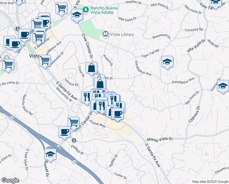 map of restaurants, bars, coffee shops, grocery stores, and more near 905 Westport Lane in Vista