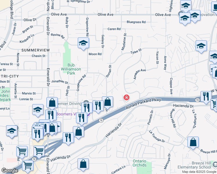 map of restaurants, bars, coffee shops, grocery stores, and more near 307 Palm Canyon Drive in Vista