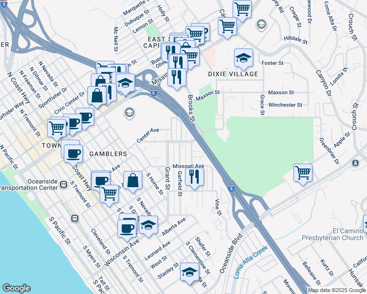 map of restaurants, bars, coffee shops, grocery stores, and more near 341 Garfield Street in Oceanside