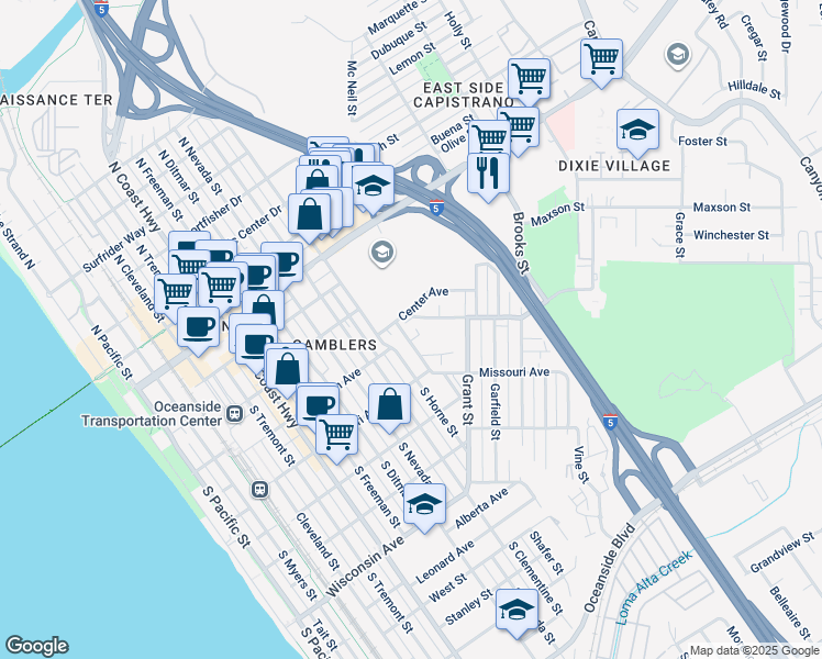 map of restaurants, bars, coffee shops, grocery stores, and more near 1210 Division Street in Oceanside