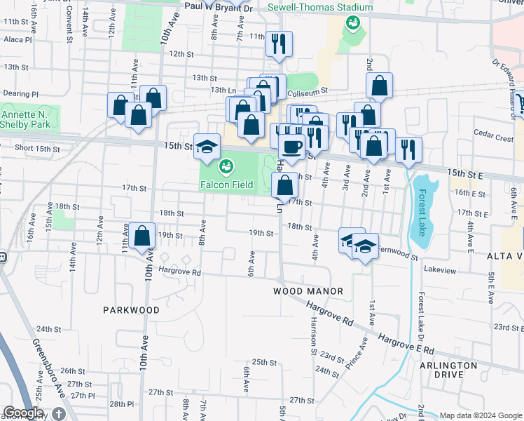 map of restaurants, bars, coffee shops, grocery stores, and more near 575 Black Bears Way in Tuscaloosa