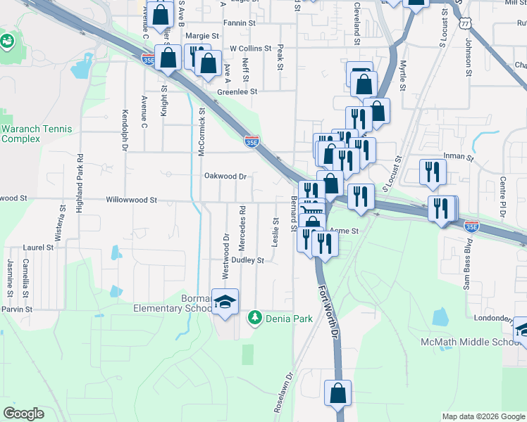 map of restaurants, bars, coffee shops, grocery stores, and more near 920 Willowwood Street in Denton