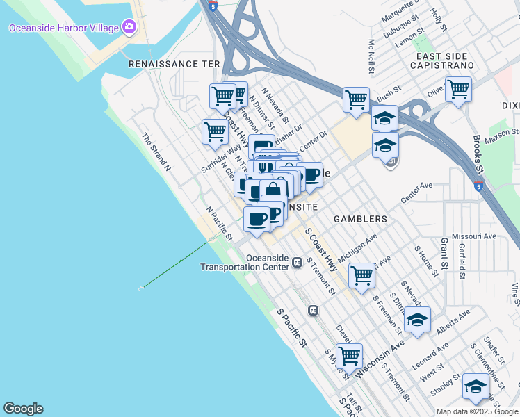 map of restaurants, bars, coffee shops, grocery stores, and more near 404 Pier View Way in Oceanside