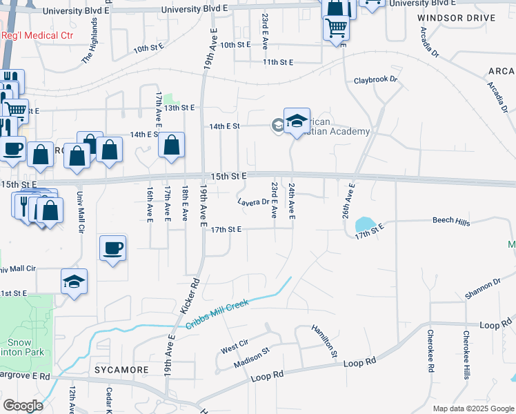 map of restaurants, bars, coffee shops, grocery stores, and more near 2211 Lavera Drive in Tuscaloosa